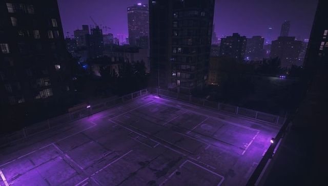 Violet-lit rooftop court glowing in neon night, urban skyline, concrete helipad scene