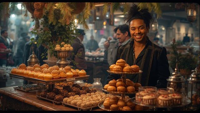 Smiling pastry vendor at festive market stall displaying delicious baked goods