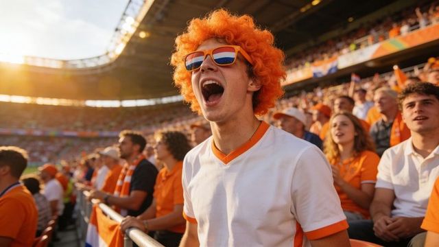 Shouting fan wearing orange wig and flag sunglasses cheering in crowded stadium at sunset