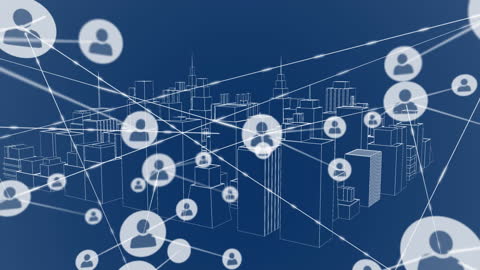 Digital Network of Connections Over Virtual Cityscape