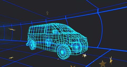 Glowing cyan wireframe cargo van floating through neon grid tunnel with gold stars