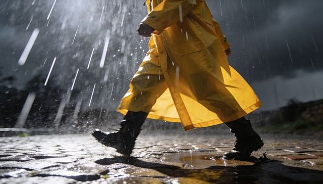 Walking in yellow raincoat splashing puddles on wet cobblestone under stormy rain