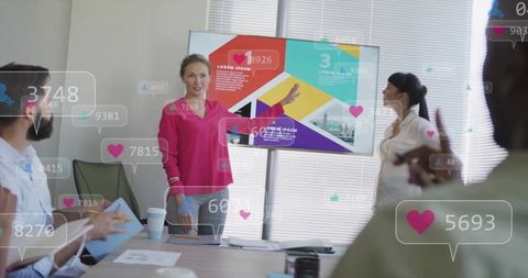 Professional woman presenting marketing strategies with digital reactions