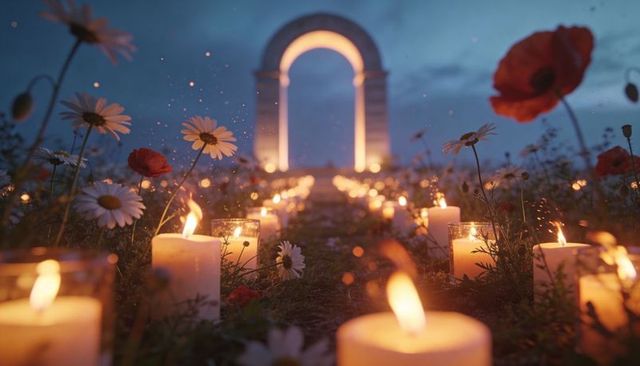Twilight candlelit meadow path leading to glowing stone archway with daisies and poppies