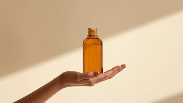 Minimalistic Hand Holding Amber Glass Bottle in Soft Sunlight