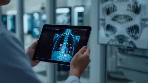 Doctor Reviewing Chest CT Scan on Tablet with AI Markers Highlighting Thoracic Lesions