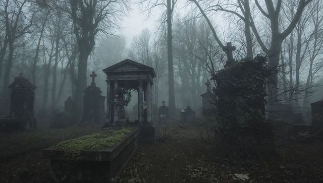 Mysterious foggy graveyard with gloomy mausoleum