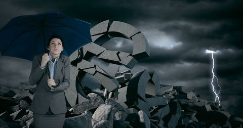 Businesswoman Holding Umbrella Amid Currency Chaos During Storm - Download Free Stock Images Pikwizard.com
