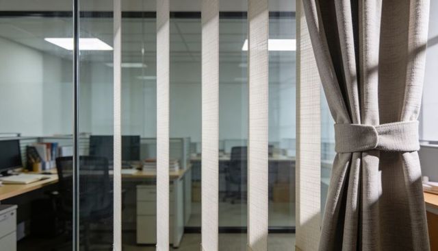 Framing tied-back beige curtain and vertical blinds revealing modern office glass partition