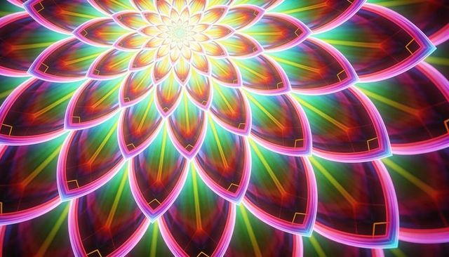 Radiating neon mandala glowing ringed petal layers with luminous core and kaleidoscopic glow