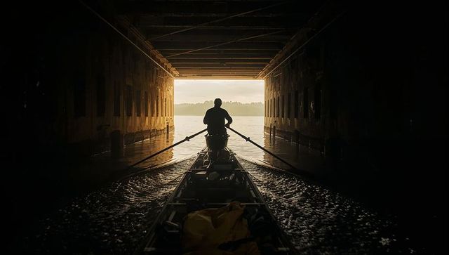 Silhouetted rower steering rowboat through dark tunnel toward golden horizon glow at dawn