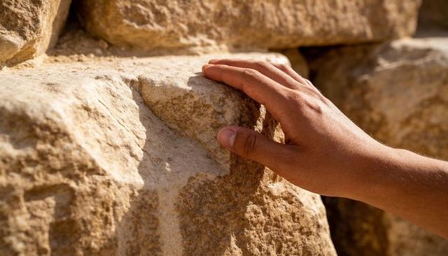 Resting right hand on sunlit sandstone wall with weathered texture and warm desert light