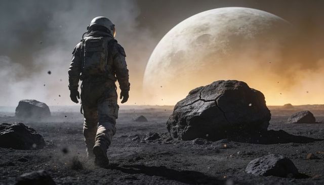 Lone astronaut walking across dark regolith toward glowing planet on desolate moonscape