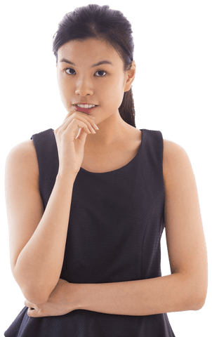 Pensive Asian Businesswoman Posing on Transparent Background