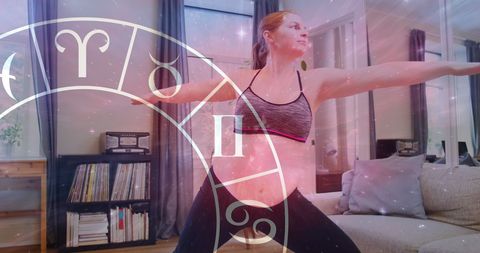 Woman Practicing Yoga at Home with Astrological Theme Overlay