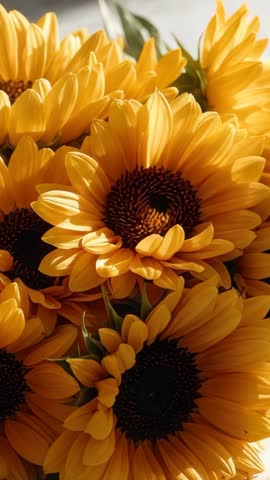 Vertical close-up opening on vibrant sunflower bouquet, panning right across golden petals