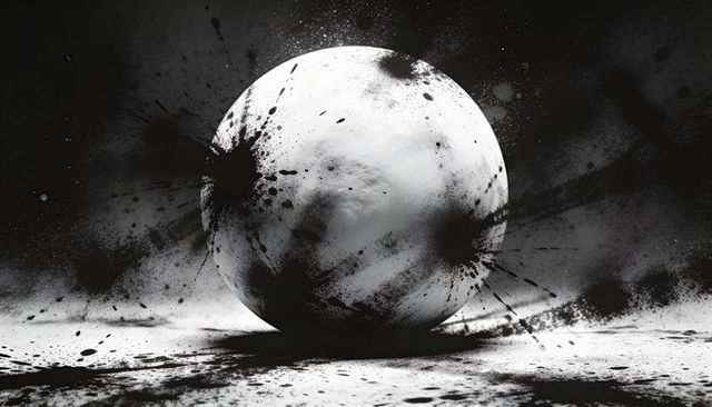 Resting rough cratered monochrome sphere casting deep shadows with ink splatter