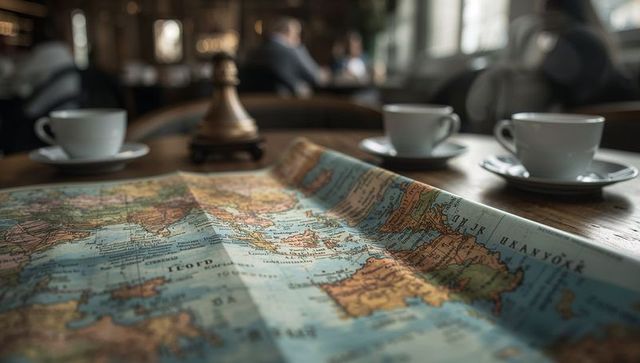 Vintage world map spread on cafe table with coffee cups and brass bell, travel planning