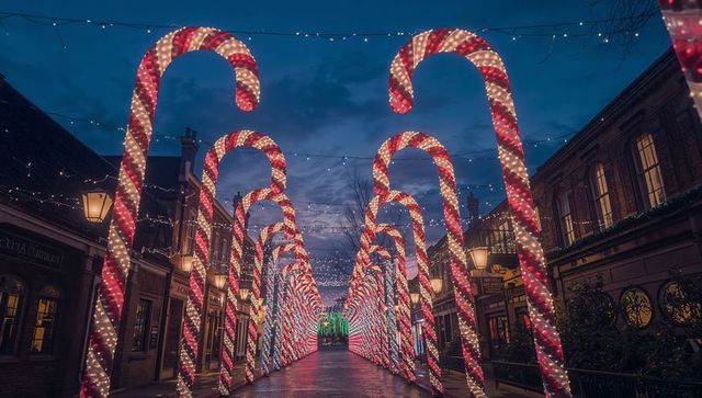Enchanting candy cane archway with festive lights at dusk