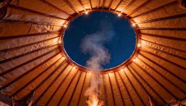 Starry sky through yurt oculus with glowing hearth and timber rafters