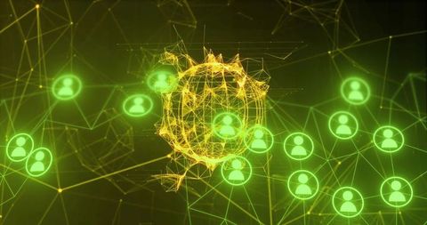 Golden spiky hub connecting neon green user nodes in futuristic cyber network topology
