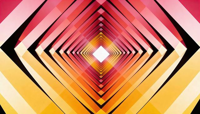 Symmetrical rhombus tunnel with warm orange-pink gradient bands and sharp black accents