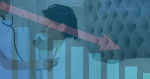 Doctor examining patient during home health visit with declining chart overlay