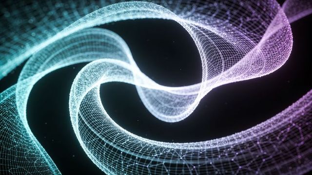 Glowing wireframe ribbons twisting through dark space with neon mesh and particle grid
