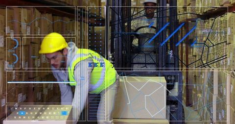 Warehouse Worker Handling Box with Forklift and Augmented Reality Inventory Interface