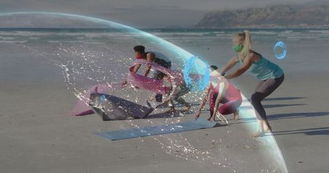 Women Practicing Fitness and Meditation on Beach with Virtual Overlay