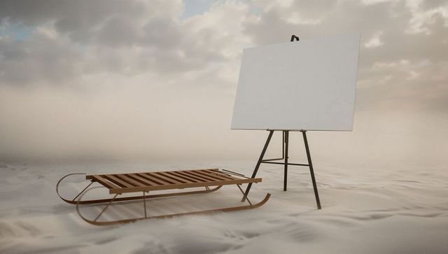 Blank canvas and wooden sled amidst serene snowy landscape