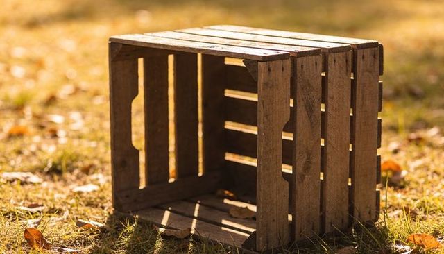 Rustic wooden slatted crate lying on grass in golden autumn light casting long shadows