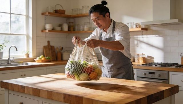 Sunlit kitchen scene with man placing mesh bag of fresh fruit on wooden island, zero waste
