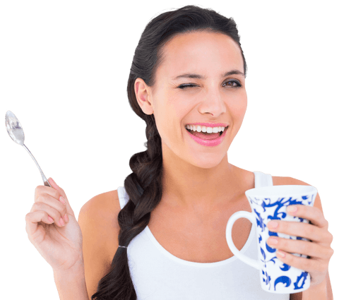 smiling woman holding tea cup and spoon on transparent background - Download Free Stock Videos Pikwizard.com