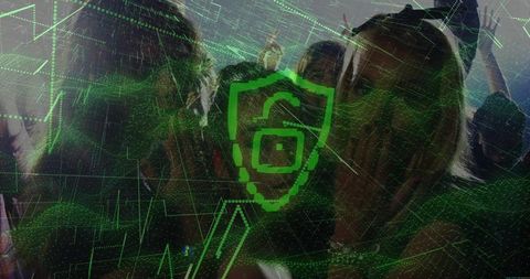 Cheering Friends in Nightclub with Neon Green Cybersecurity Shield Overlay