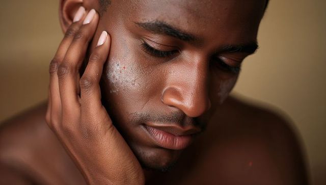 Male skin closeup applying moisturizer on cheek showing texture, pores and contemplation