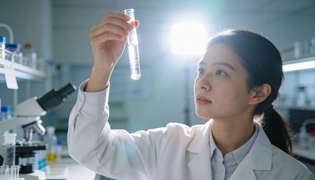 Female scientist examining illuminated test tube in modern research laboratory