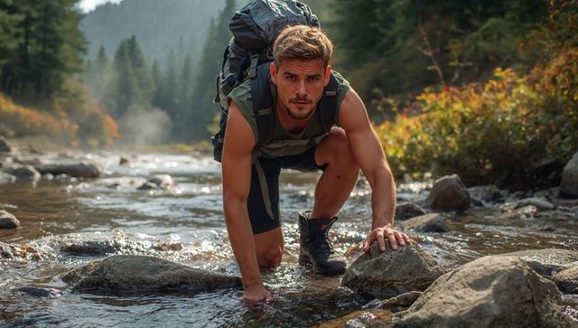 Rugged hiker kneeling in mountain stream steadying on rock while crossing creek at sunrise