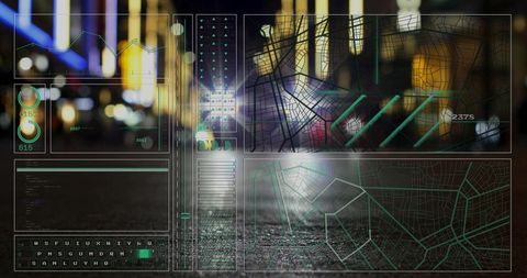 futuristic data interface breaking down urban landscape at night - Download Free Stock Images Pikwizard.com
