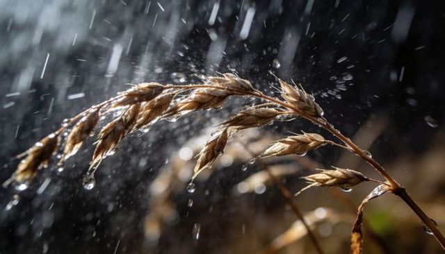 Golden grass seed heads in rain with glistening water droplets and macro bokeh