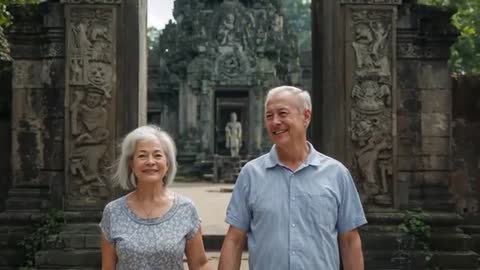 Senior couple walking through ancient temple archway holding hands, smiling and exploring