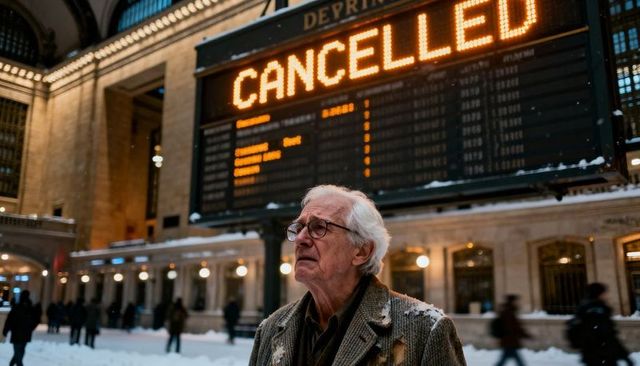 Senior traveler gazing at cancelled departure board in snowy grand central concourse