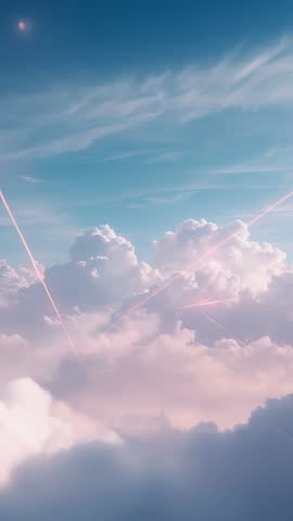 Vertical cloudscape featuring pastel dawn clouds with pink light trails descending across sky