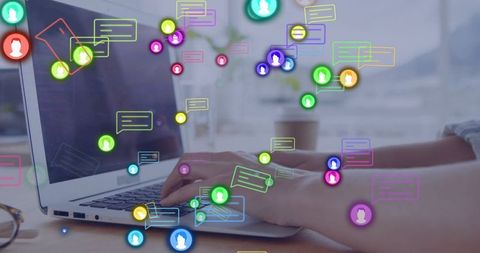 Woman typing on laptop with digital communication icons overlay