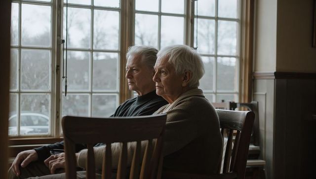 Sitting senior couple gazing through paned window in cozy cafe interior contemplative