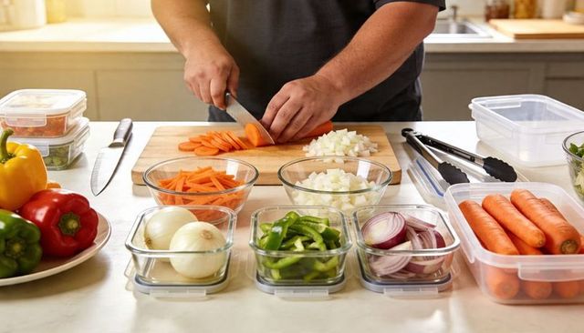 Slicing carrots and organizing meal prep bowls with fresh vegetables on kitchen counter