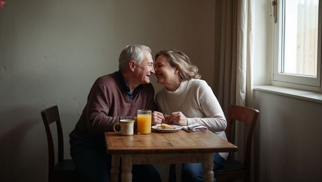 Senior couple leaning in sharing cozy breakfast at wooden table with orange juice, morning