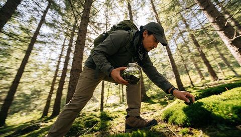 Foraging hiker collecting moss in sunlit pine forest holding glass jar and backpack