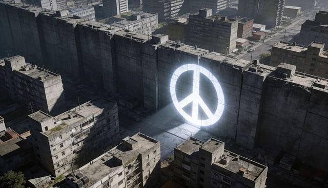 Urban peace projection casting giant peace symbol on concrete barrier along skyline