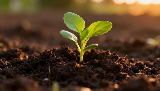 Sunlit Green Seedling Sprouting from Rich Soil Macro Close-Up with Warm Bokeh for Gardening